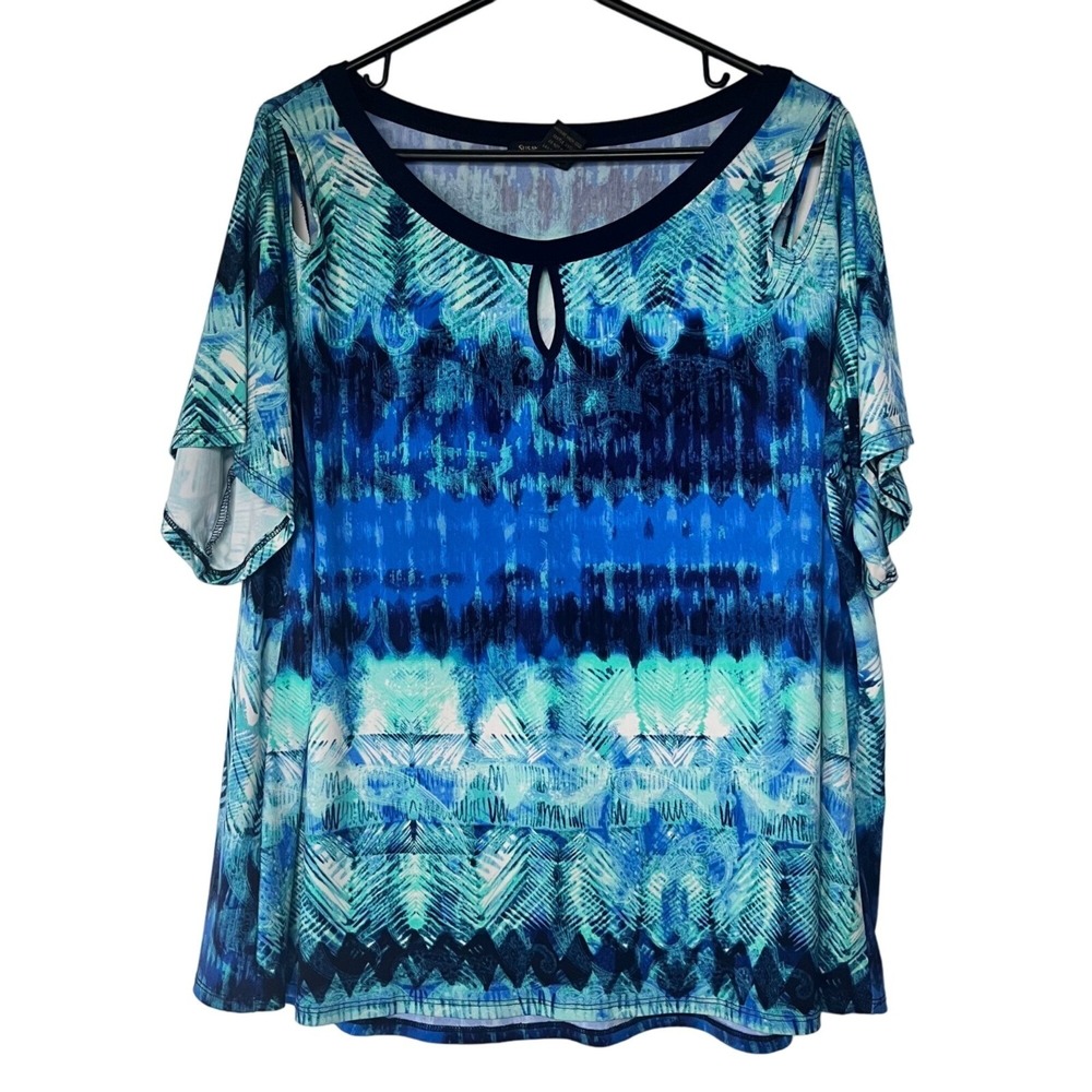 Susan Lawrence Top Woman Blue Abstract Cold Shoulder Keyhole Blouse 2X